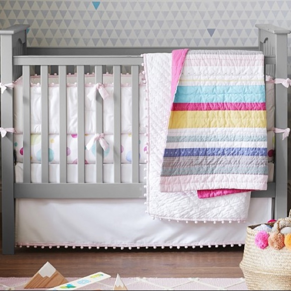Pottery Barn Kids Baby Organic Pink Pom Pom Crib Skirt - Picture 2 of 8